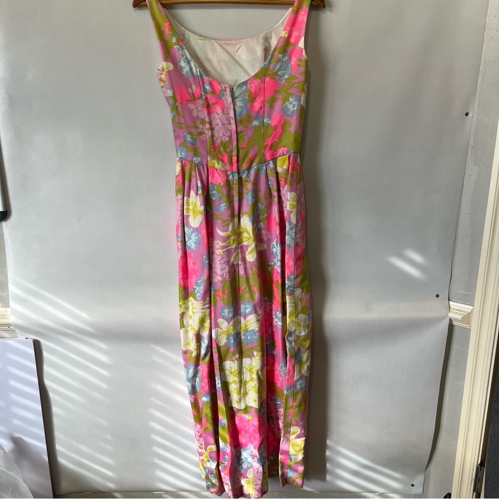 Vintage Mardi Gras Pink Floral MCM Mod Long Dress - Picture 6 of 13